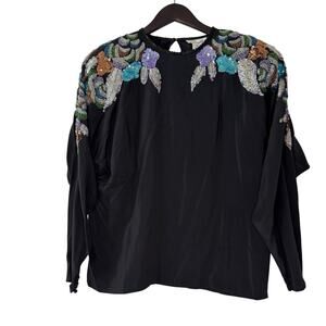 Vintage Pappagallo Silk Beaded Sequin Blouse Women's 12 Black Floral Long Sleeve
